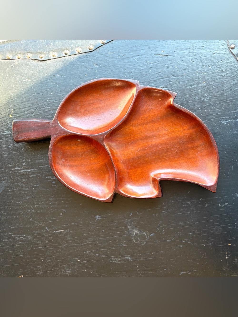 Vintage Solid Mahogany wood leaf tray platter